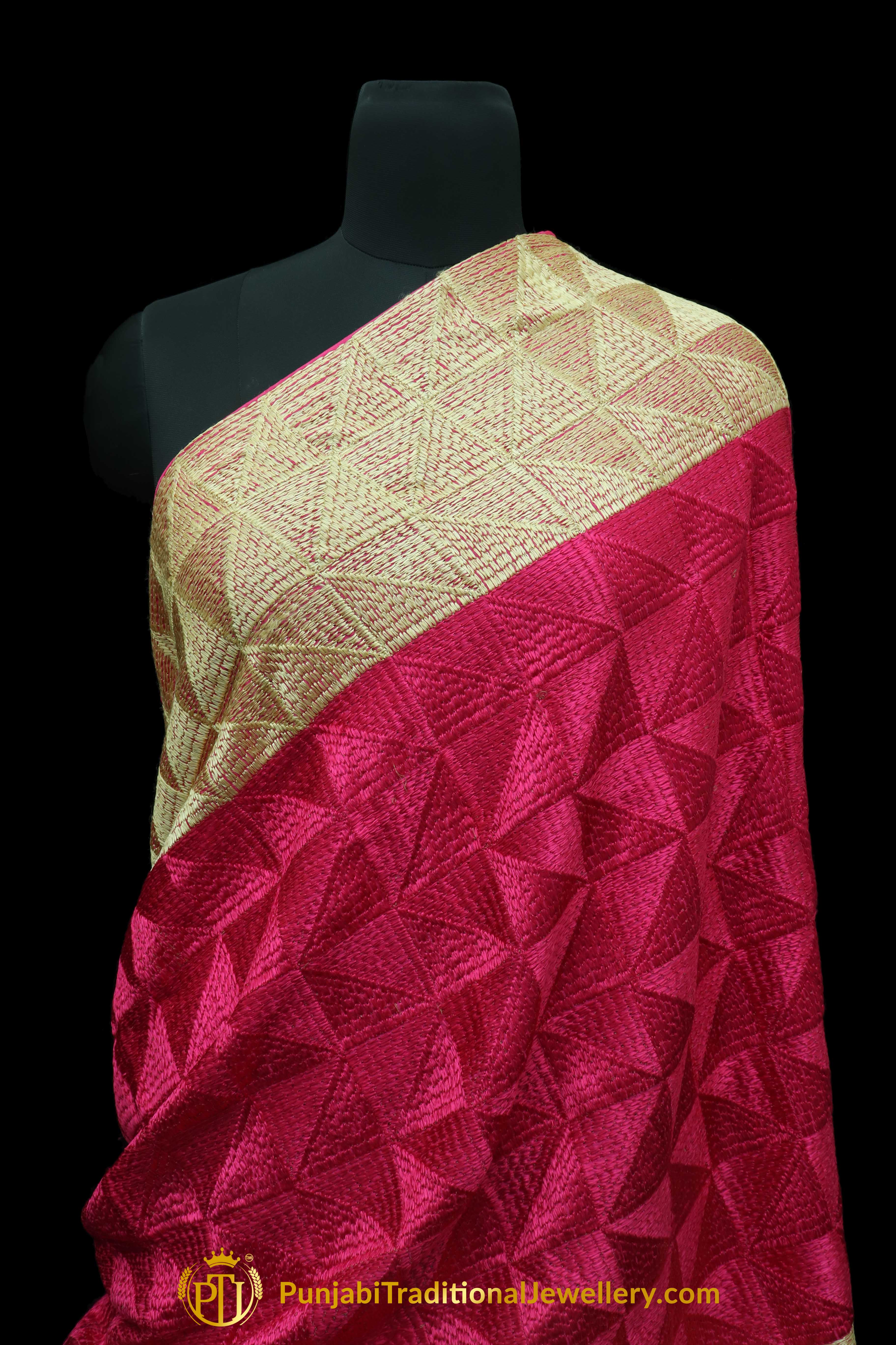 Pure Phulkari Dupatta With Golden & Pink Color By Punjabi Traditional Jewellery