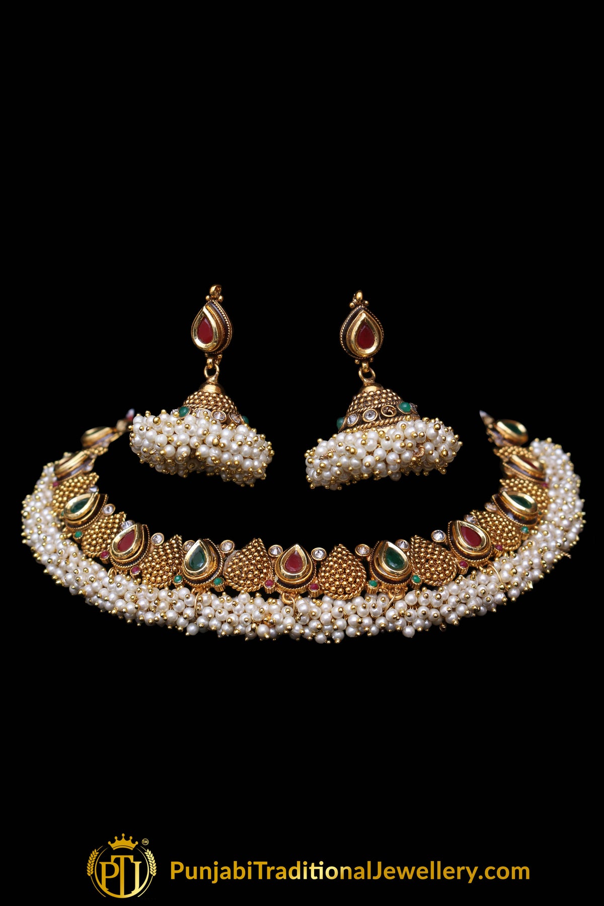 Antique Gold Pearl Necklace Set By Punjabi Traditional Jewellery