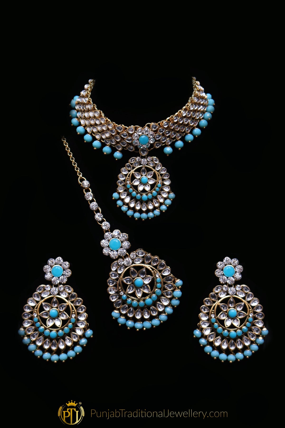 Firozi Kundan Necklace Set By Punjabi Traditional Jewellery