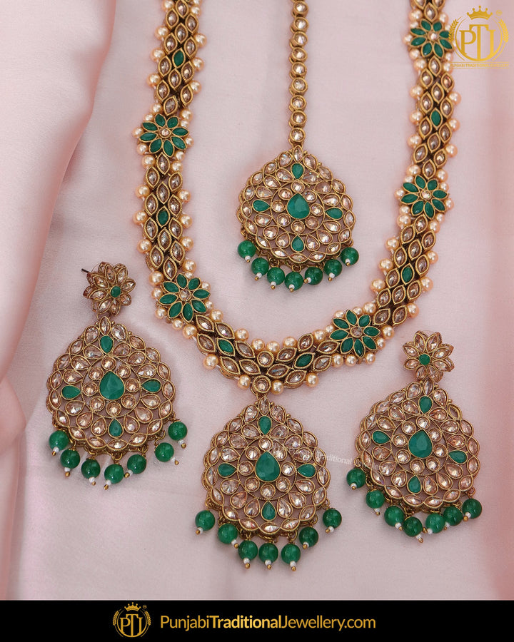 Gold Finished Champagne Stone Emerald Pearl Long Necklace Set | Punjabi Traditional Jewellery Exclusive