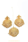 Gold Finished Pearl Jadau Earrings & Tikka Set By PTJ