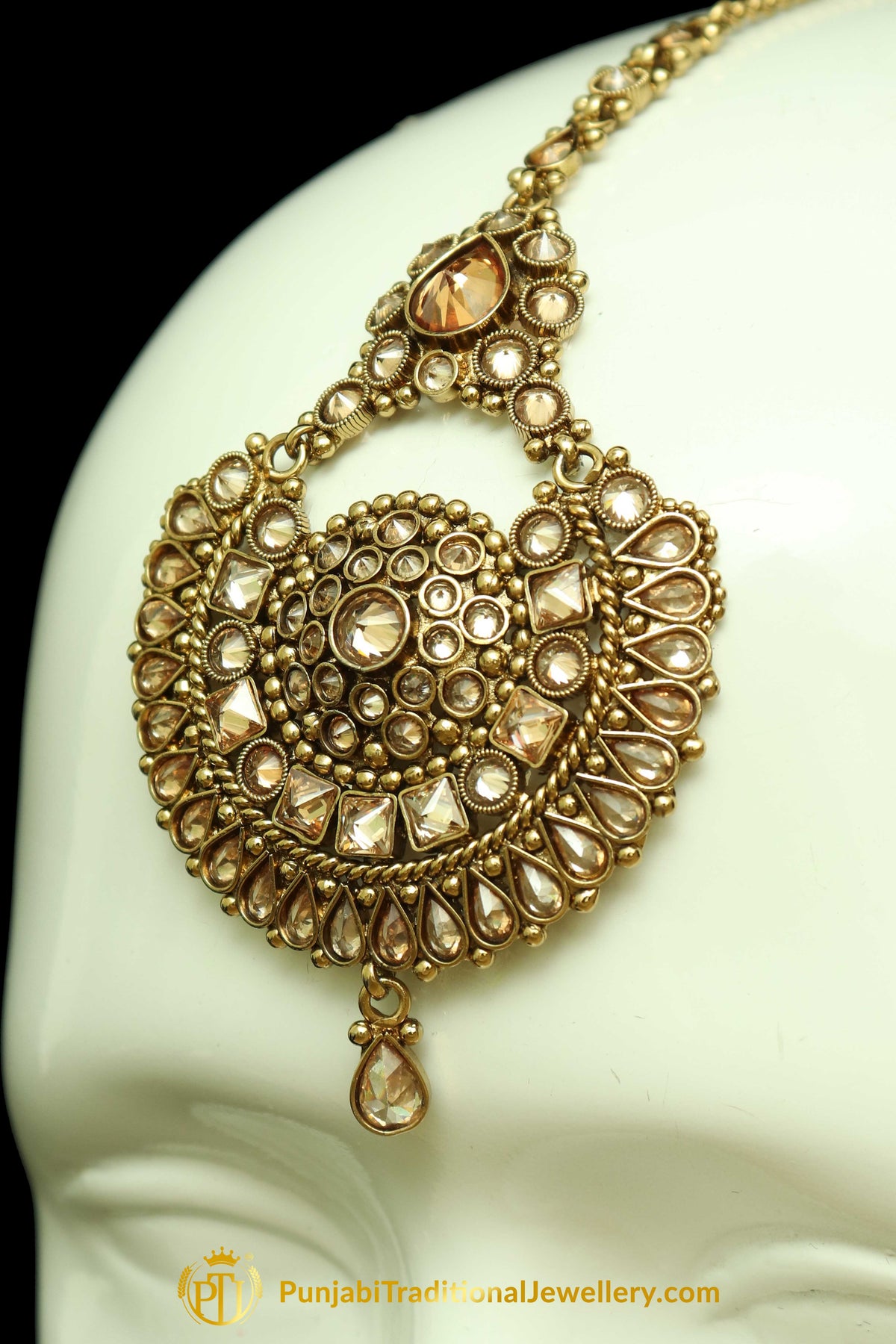 Gold Finished Champagne Stone Earring Tikka Set By Punjabi Traditional Jewellery