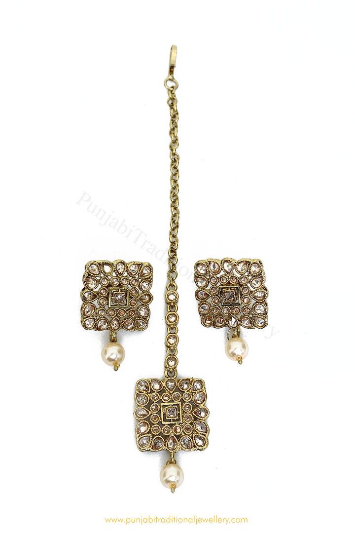 Champagne Stone Pearl Studs & Tikka Set By PTJ