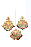 Gold Finished Rubby Emerald Jadau Earrings & Tikka Set By PTJ