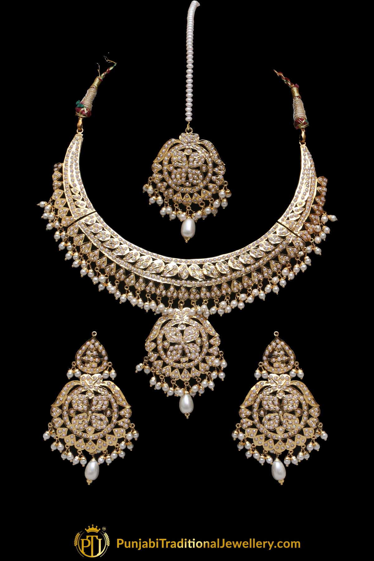 White Jadau Pearl Necklace Set By Punjabi Taditional Jewellery