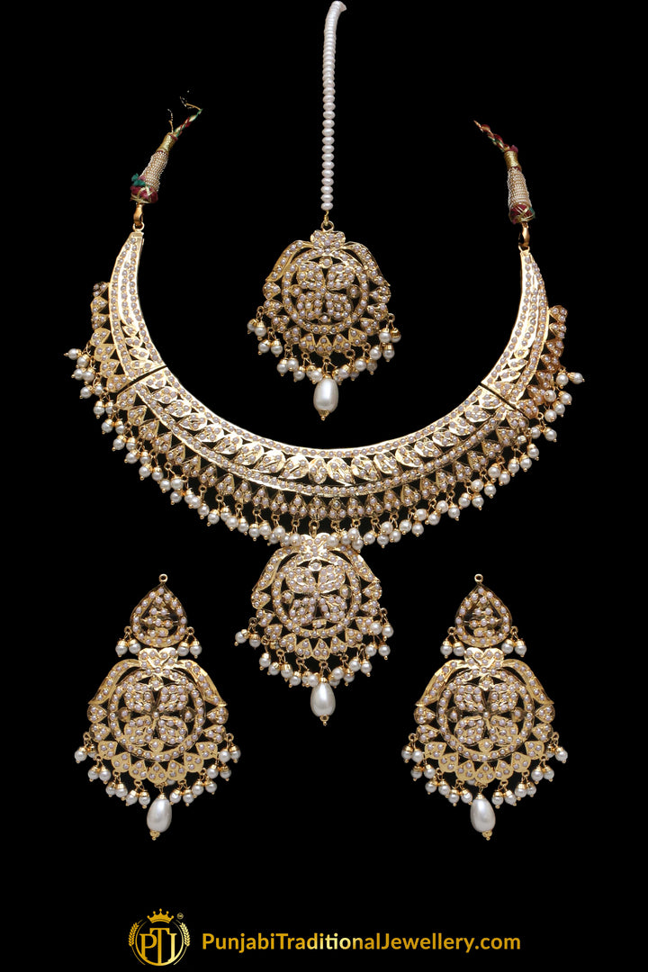 White Jadau Pearl Necklace Set By Punjabi Taditional Jewellery