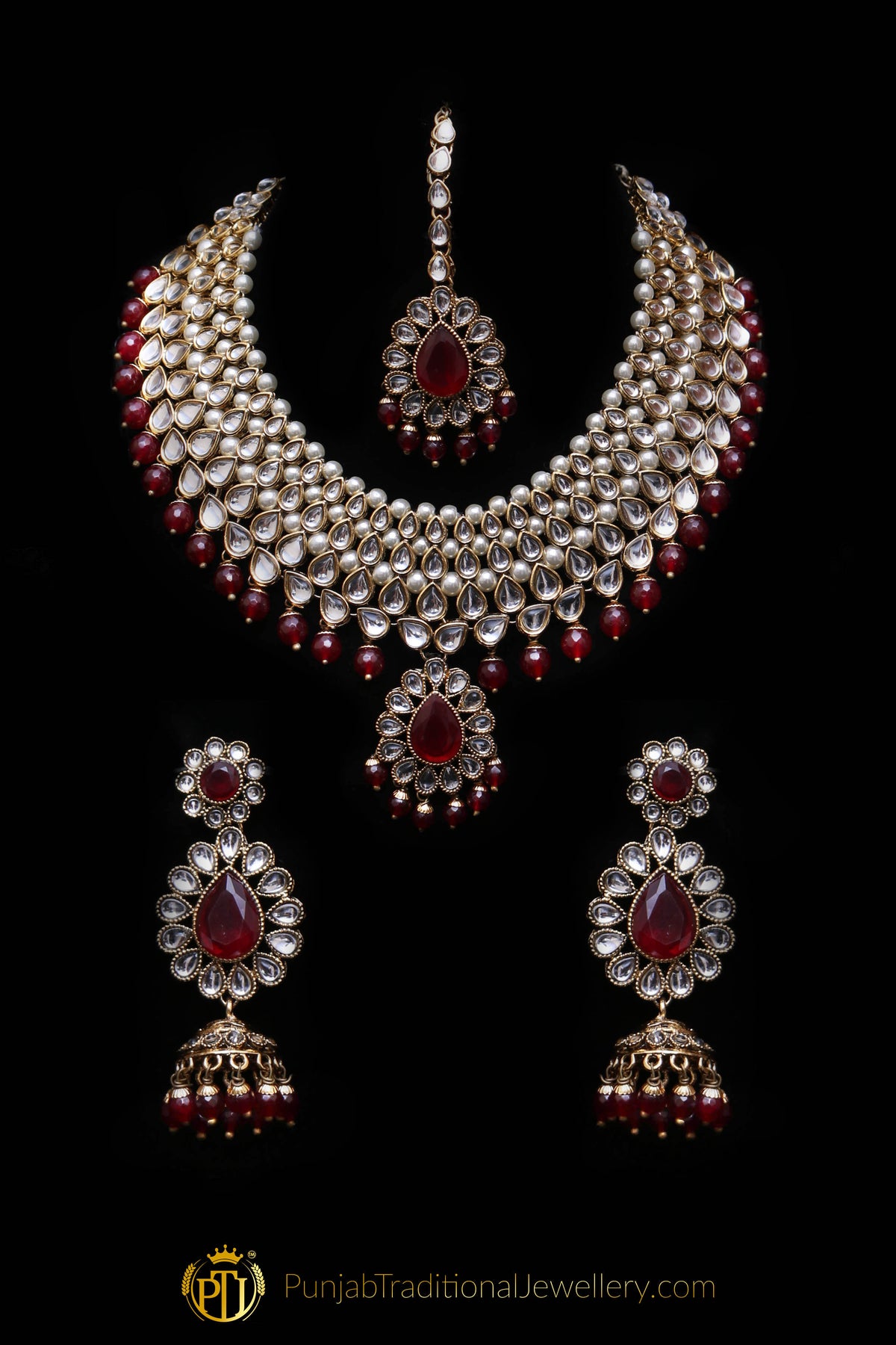 White Maroon Pearl Kundan Necklace Set By  Punjabi Traditional Jewellery