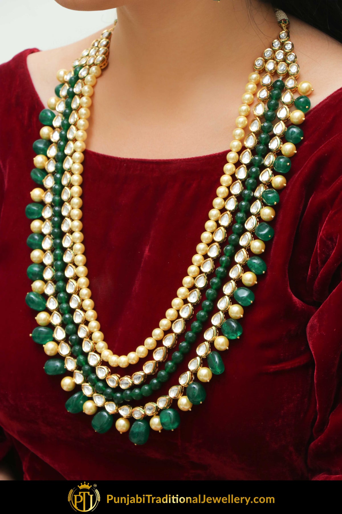 Abeer Emerald Kundan & Pearl Necklace & Earrings | Punjabi Traditional Jewellery Exclusive