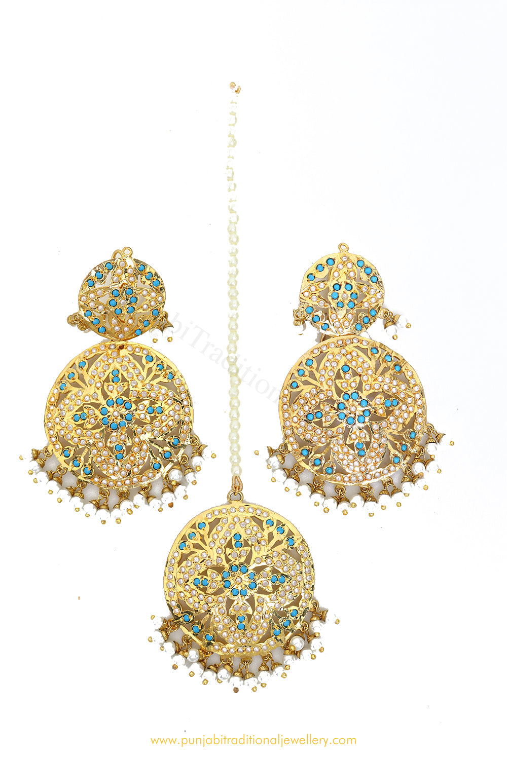 Gold Finished Firoza Jadau Earrings Tikka Set By PTJ Punjabi Traditional Jewellery