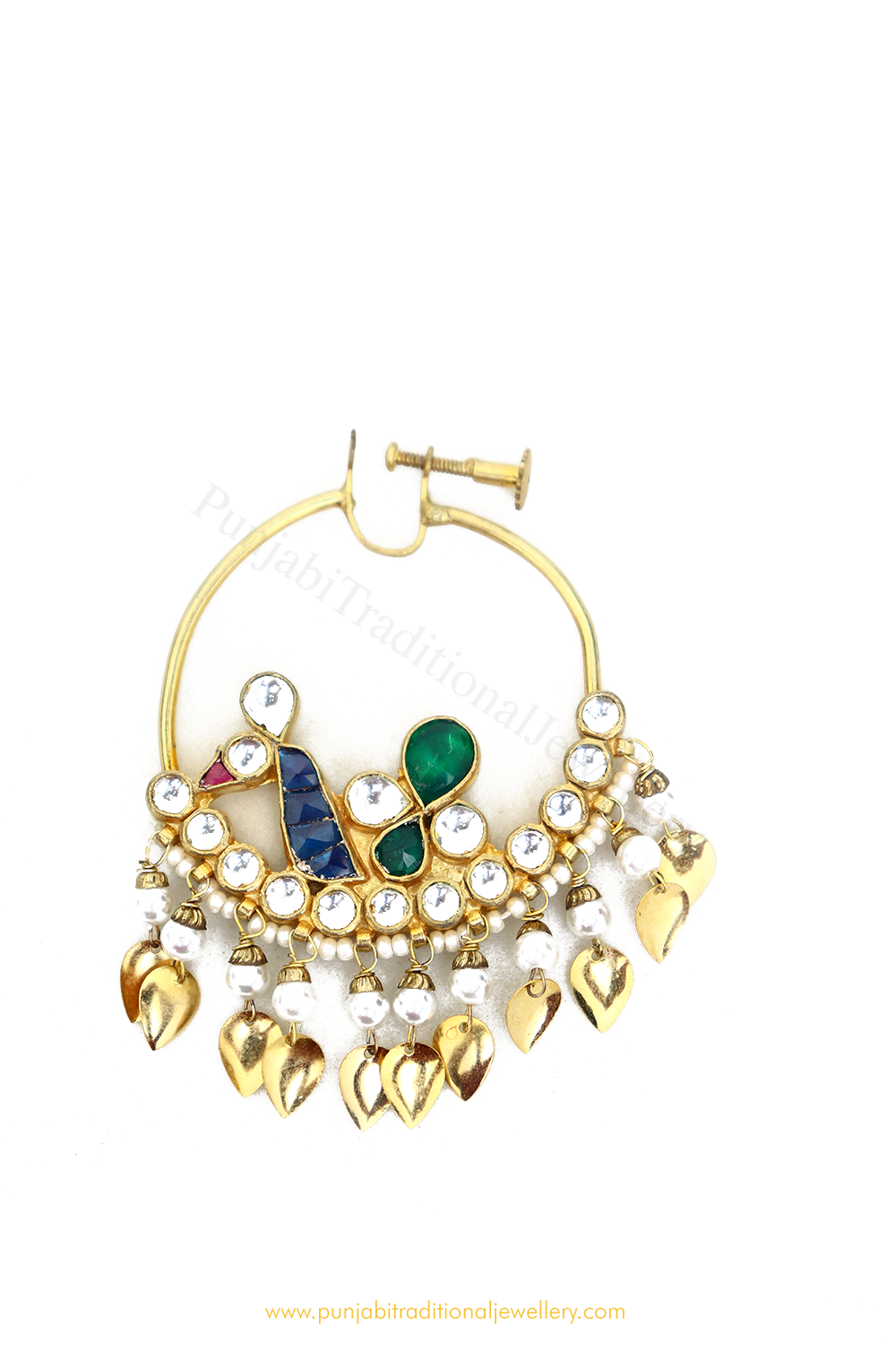 Gold Plated Peacock Kundan Nath By PTJ