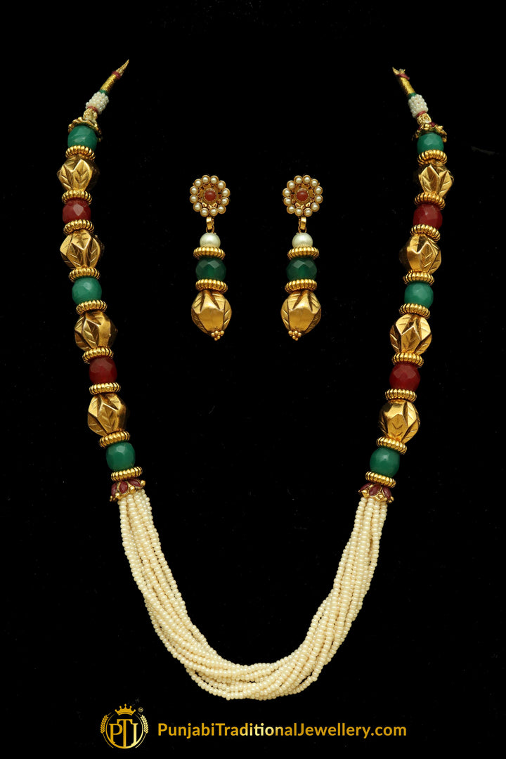 Red & Green Jodha Mala Necklace Set By Punjabi Traditional Jewellery