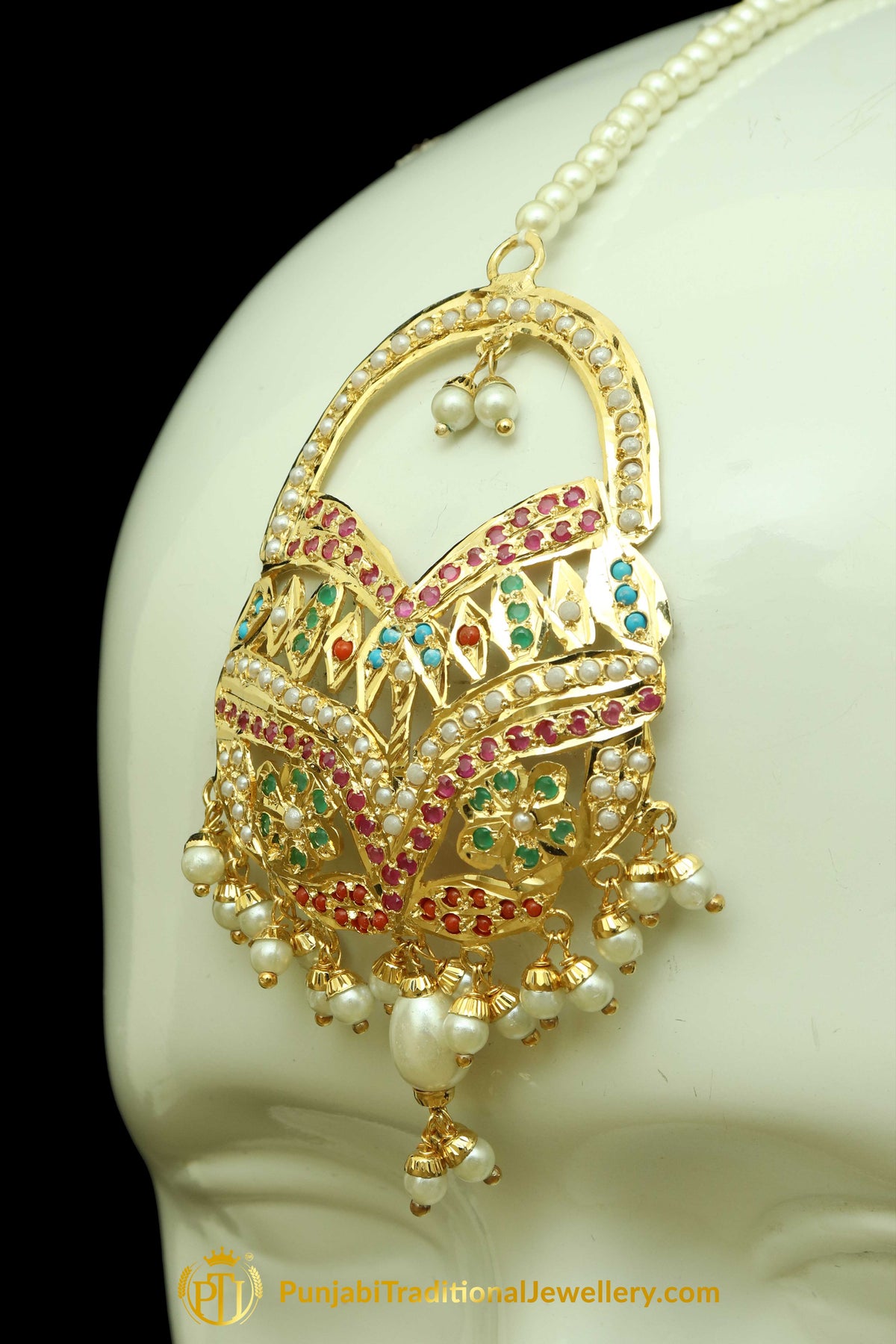 Gold Finished Navratan Jadau Earring Tikka Set By Punjabi Traditional Jewellery