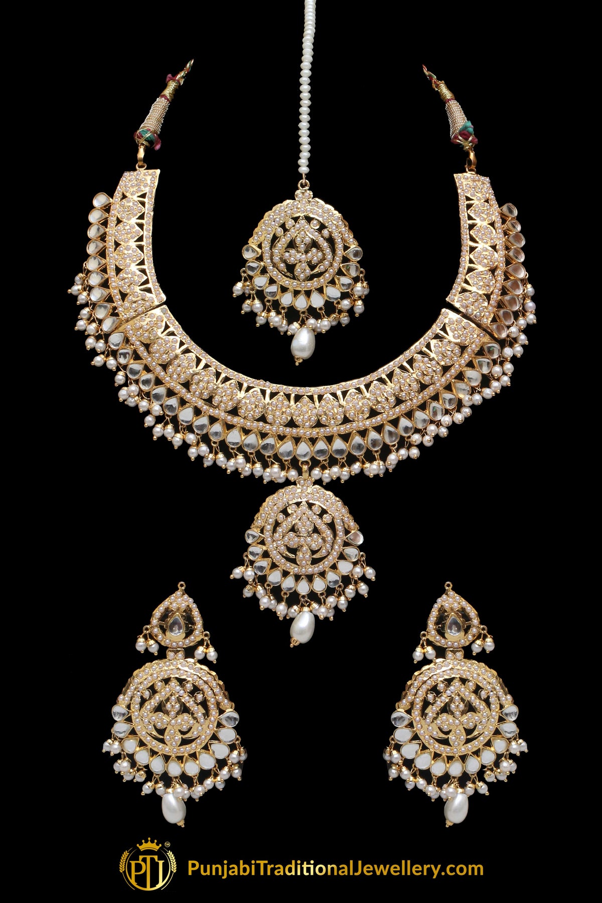 Golden Jadau Pearl Kundan Necklace Set By Punjabi Taditional Jewellery