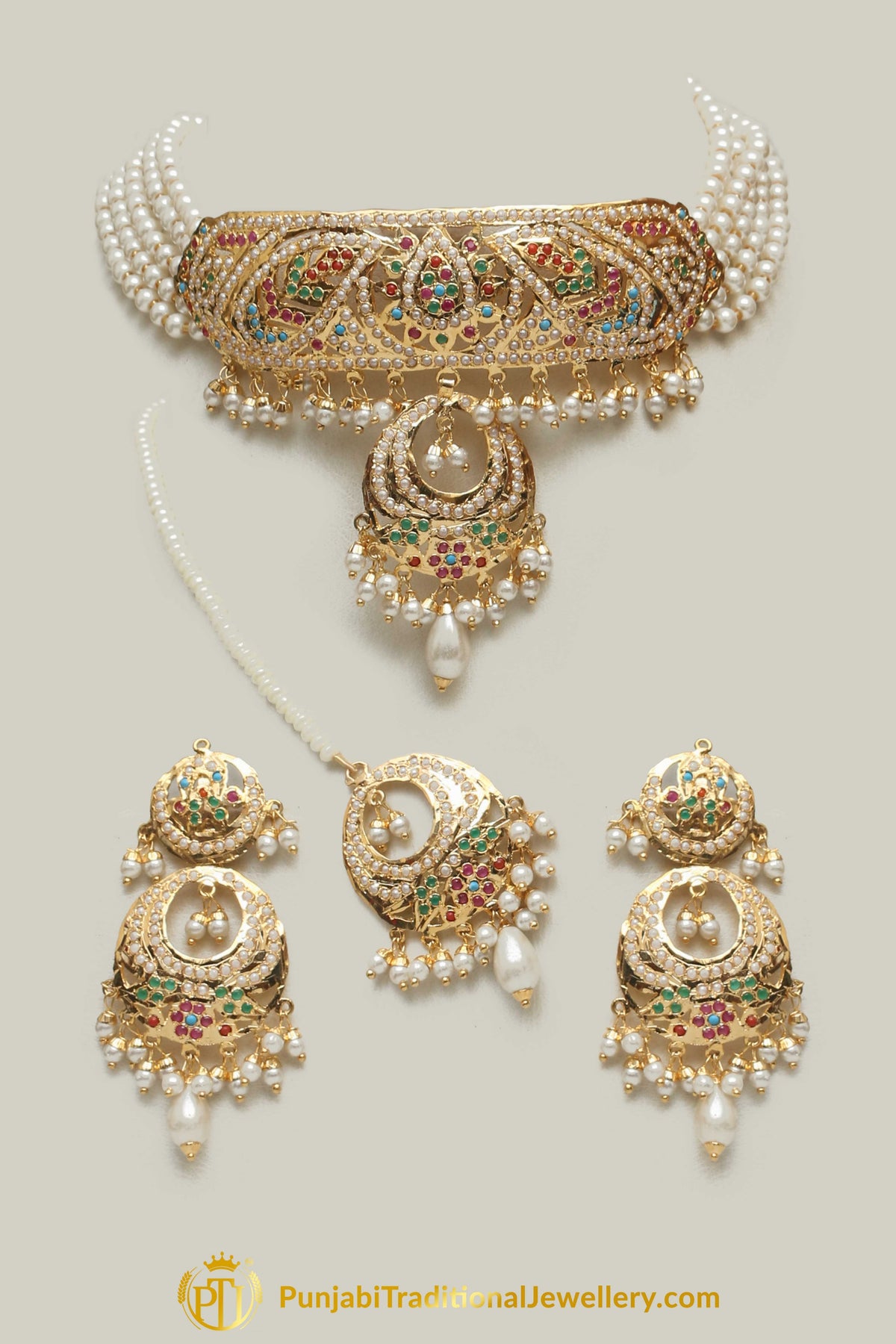 Jadau Multi Pearl Choker Necklace Set By Punjabi Traditional Jewellery