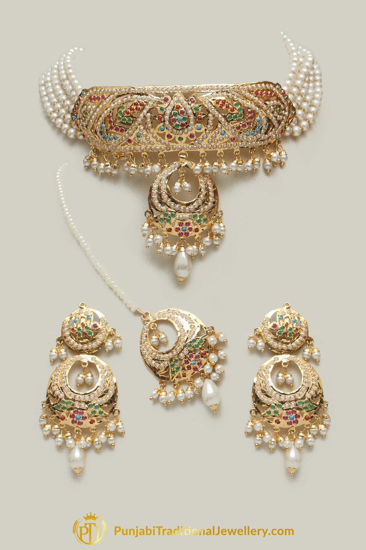 Jadau Multi Pearl Choker Necklace Set By Punjabi Traditional Jewellery