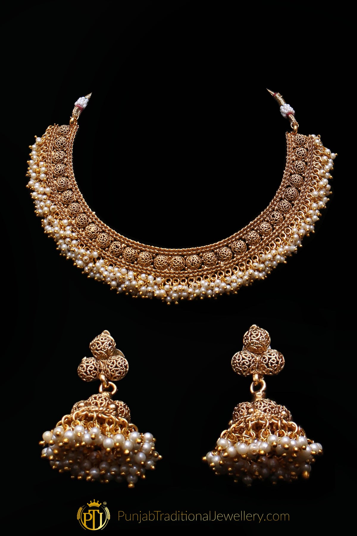 White Pearl Antique Gold Necklace Set By Punjabi Traditional Jewellery