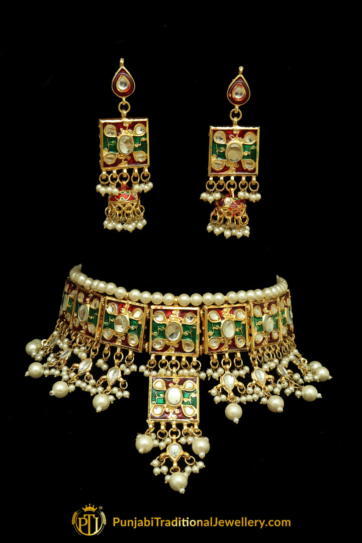 Green & Red Meena Kundan Pearl Choker Necklace Set By Punjabi Traditional Jewellery