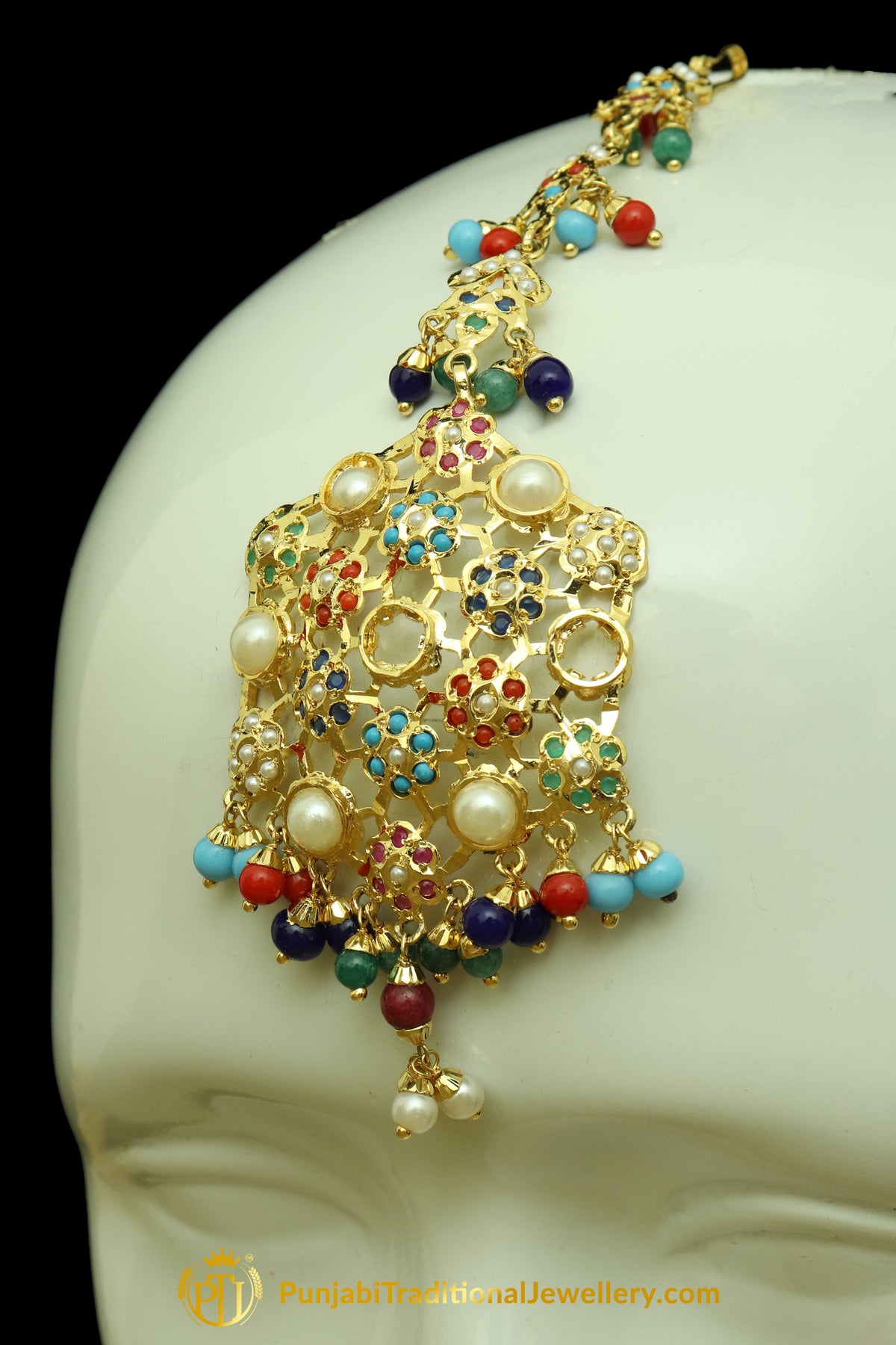 Gold Finished Navratan Jadau Earring Tikka Set By Punjabi Traditional Jewellery