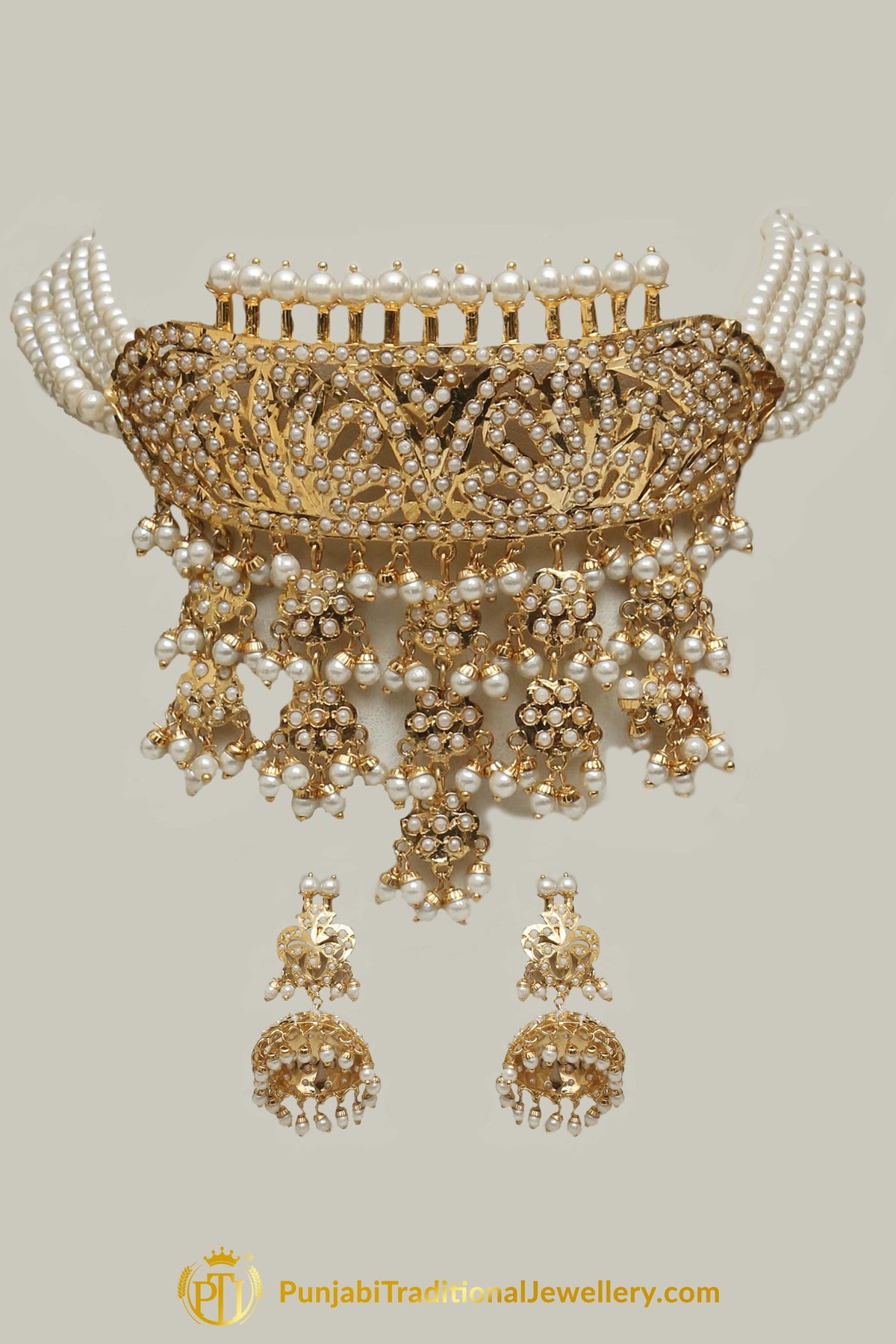 Jadau Golden Pearl Necklace Set By Punjabi Traditional Jewellery