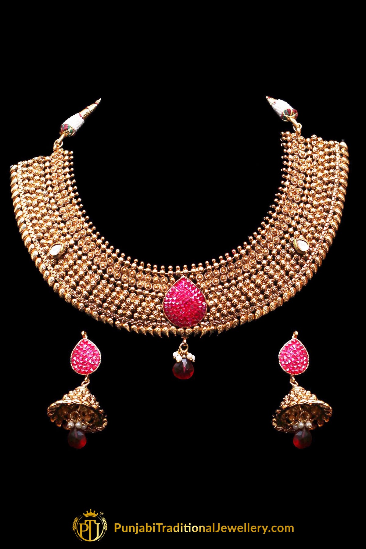 Maroon Antique Gold Pearl Choker Necklace Set By Punjabi Traditional Jewellery
