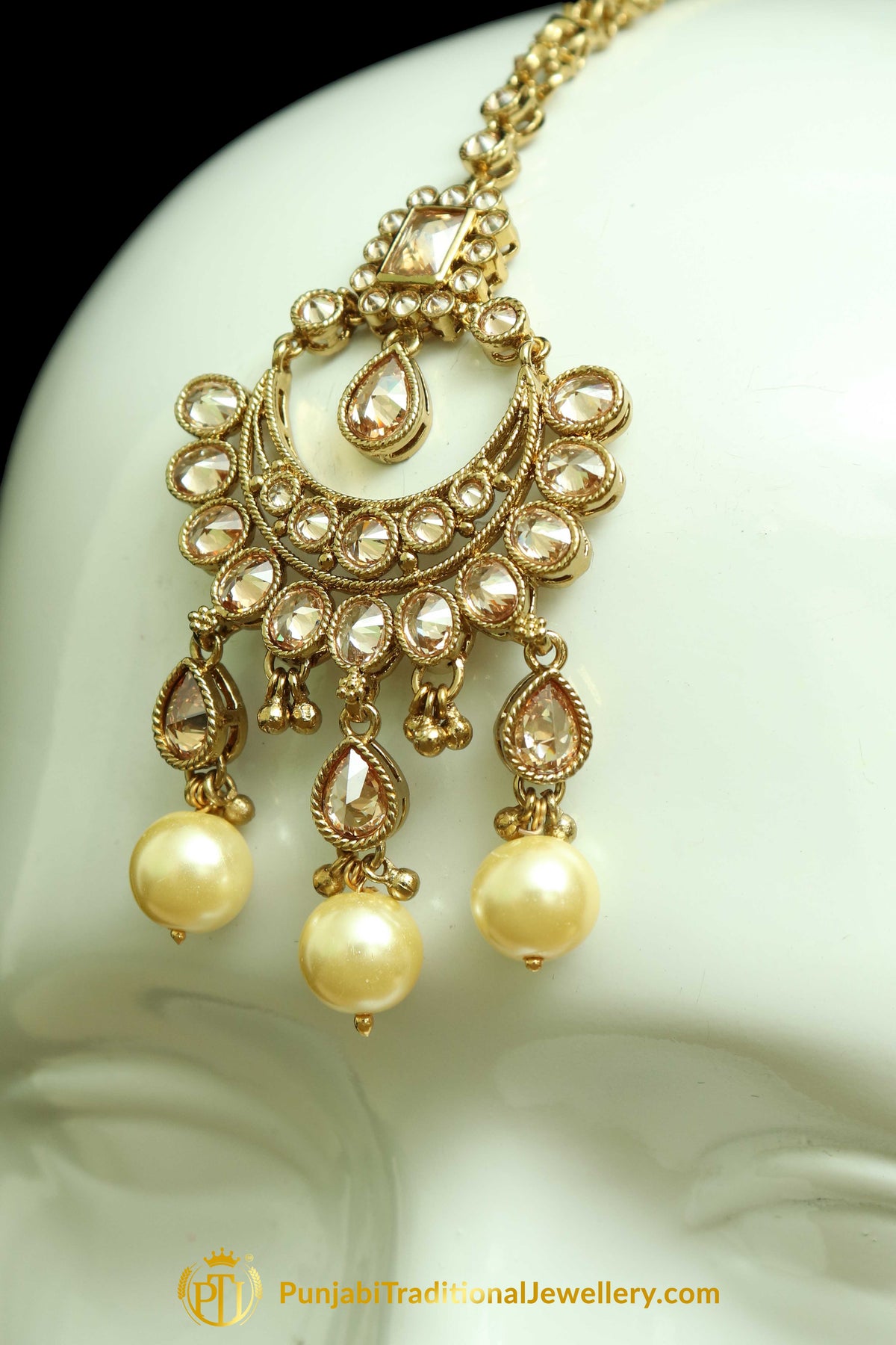 Gold Finished Champagne Stone & Pearl Earring Tikka Set By Punjabi Traditional Jewellery
