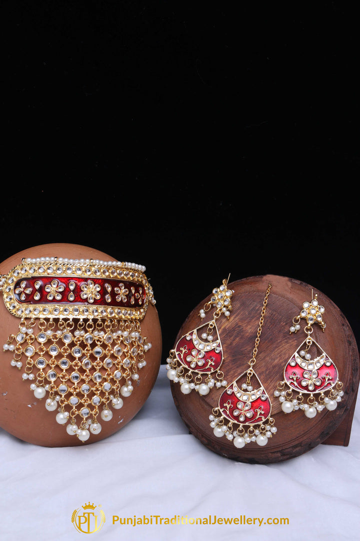 Red Choker Pearl Kundan Meena Necklace Set By Punjabi Traditional Jewellery