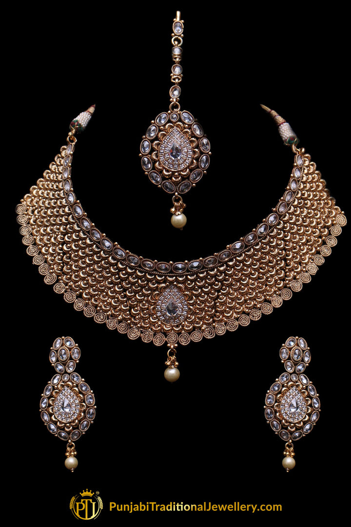 Choker Antique Gold Pearl Choker Necklace Set By Punjabi Traditional Jewellery