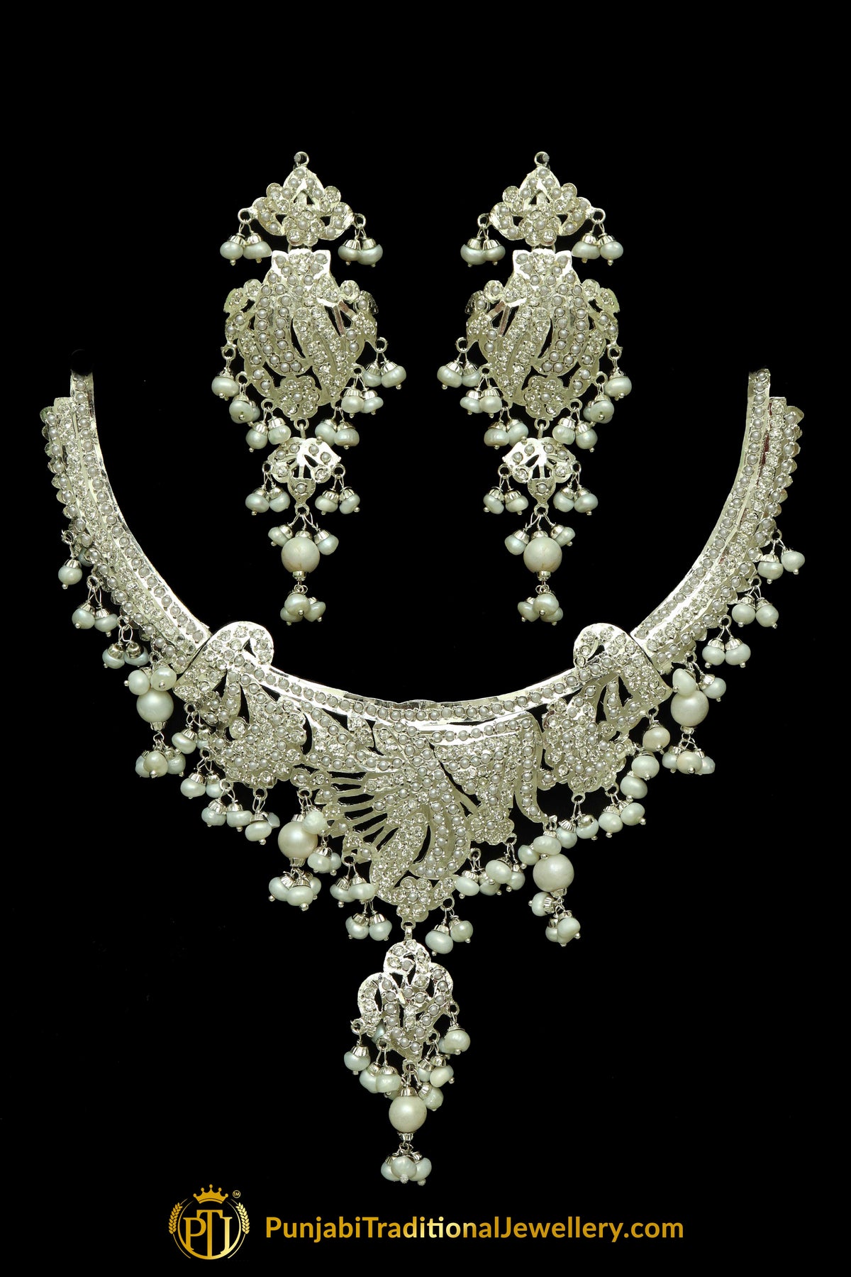 Silver Finished Pearl Jadau Necklace Set By Punjabi Traditional Jewellery