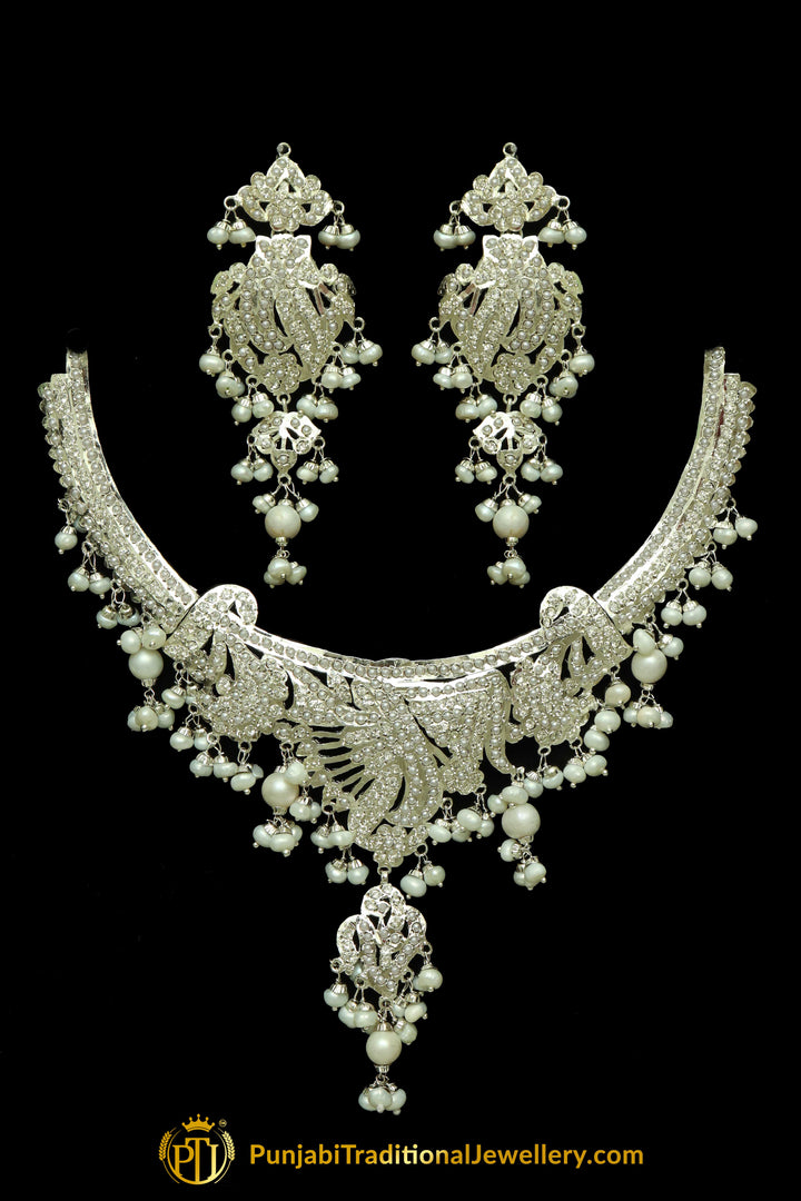 Silver Finished Pearl Jadau Necklace Set By Punjabi Traditional Jewellery