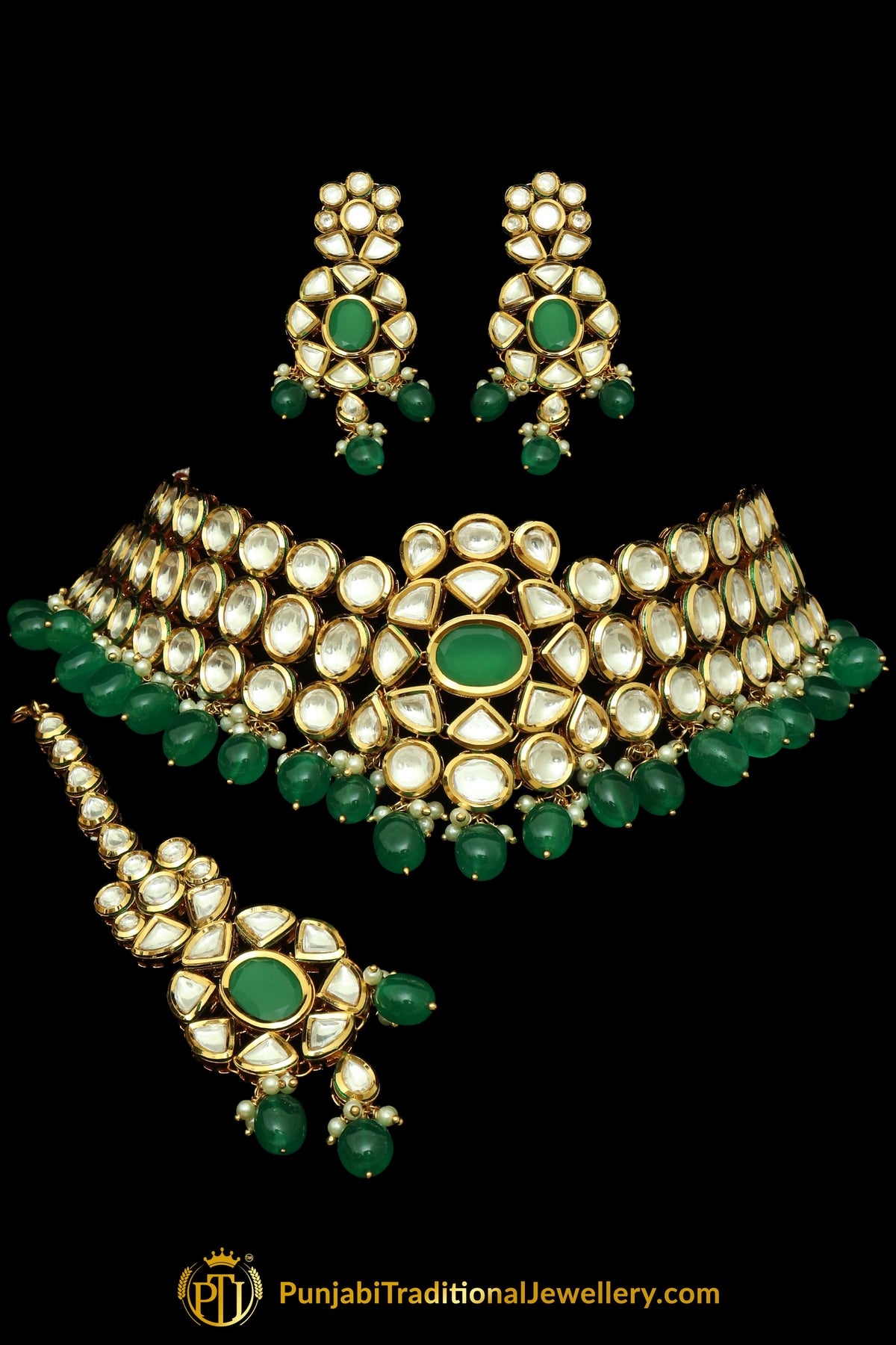 Green Kundan & Pearl Choker Necklace Set By Punjabi Traditional Jewellery