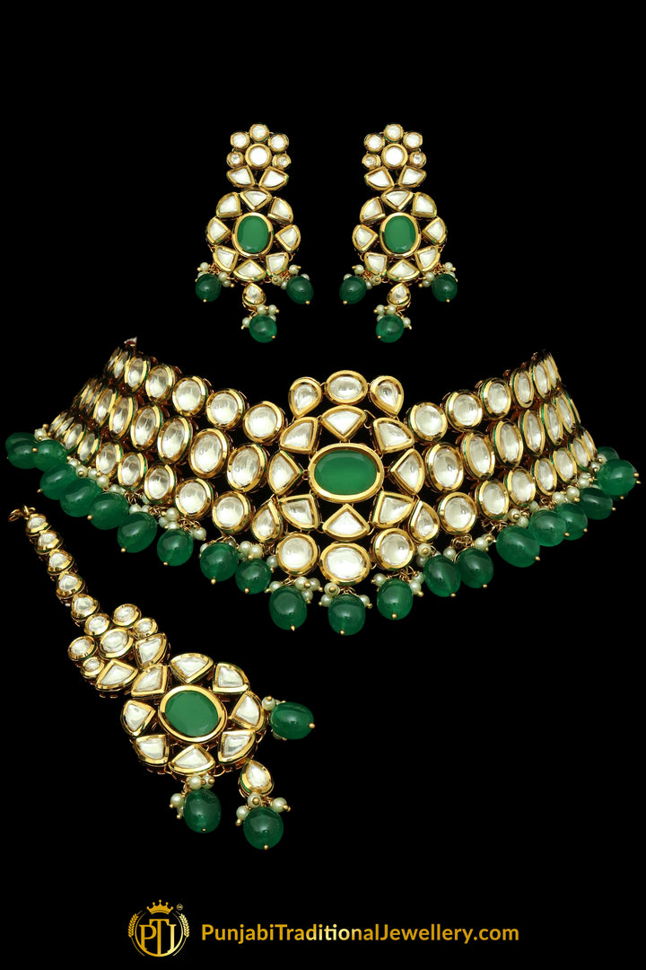 Green Kundan & Pearl Choker Necklace Set By Punjabi Traditional Jewellery