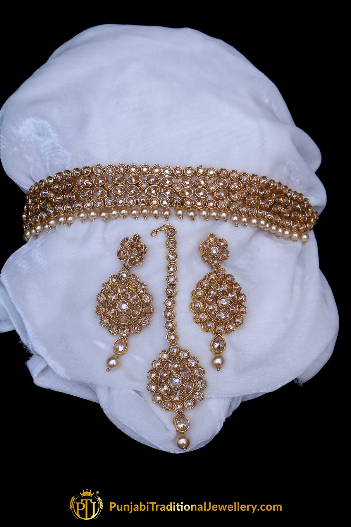 Pearl Champagne Stone Necklace Set By Punjabi Taditional Jewellery