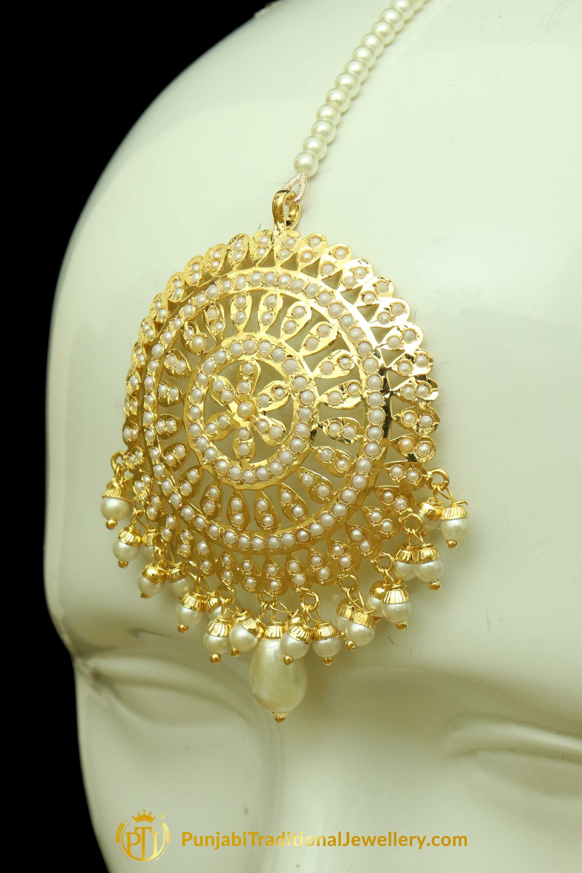 Gold Finished White Jadau Earring Tikka Set By Punjabi Traditional Jewellery