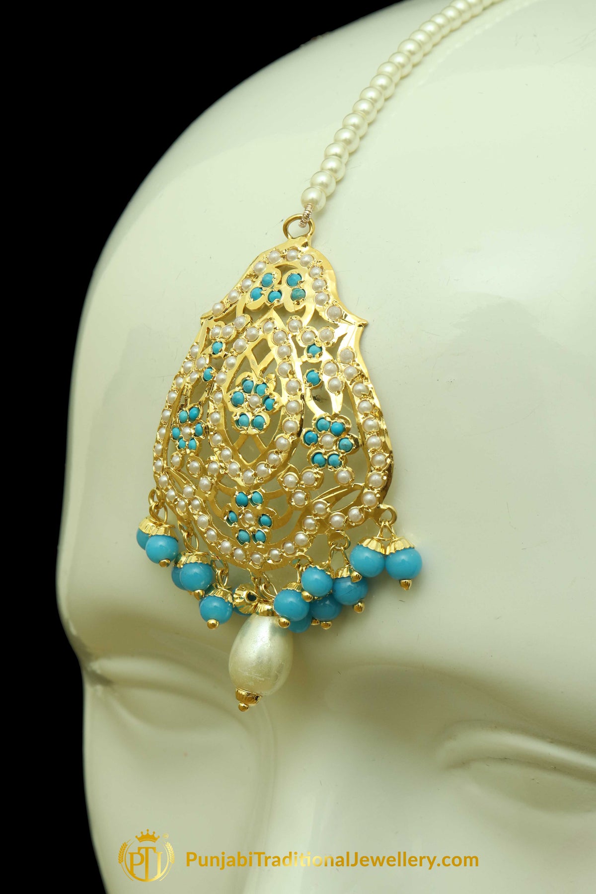 Gold Finished Firozi Jadau Earring Tikka Set By Punjabi Traditional Jewellery