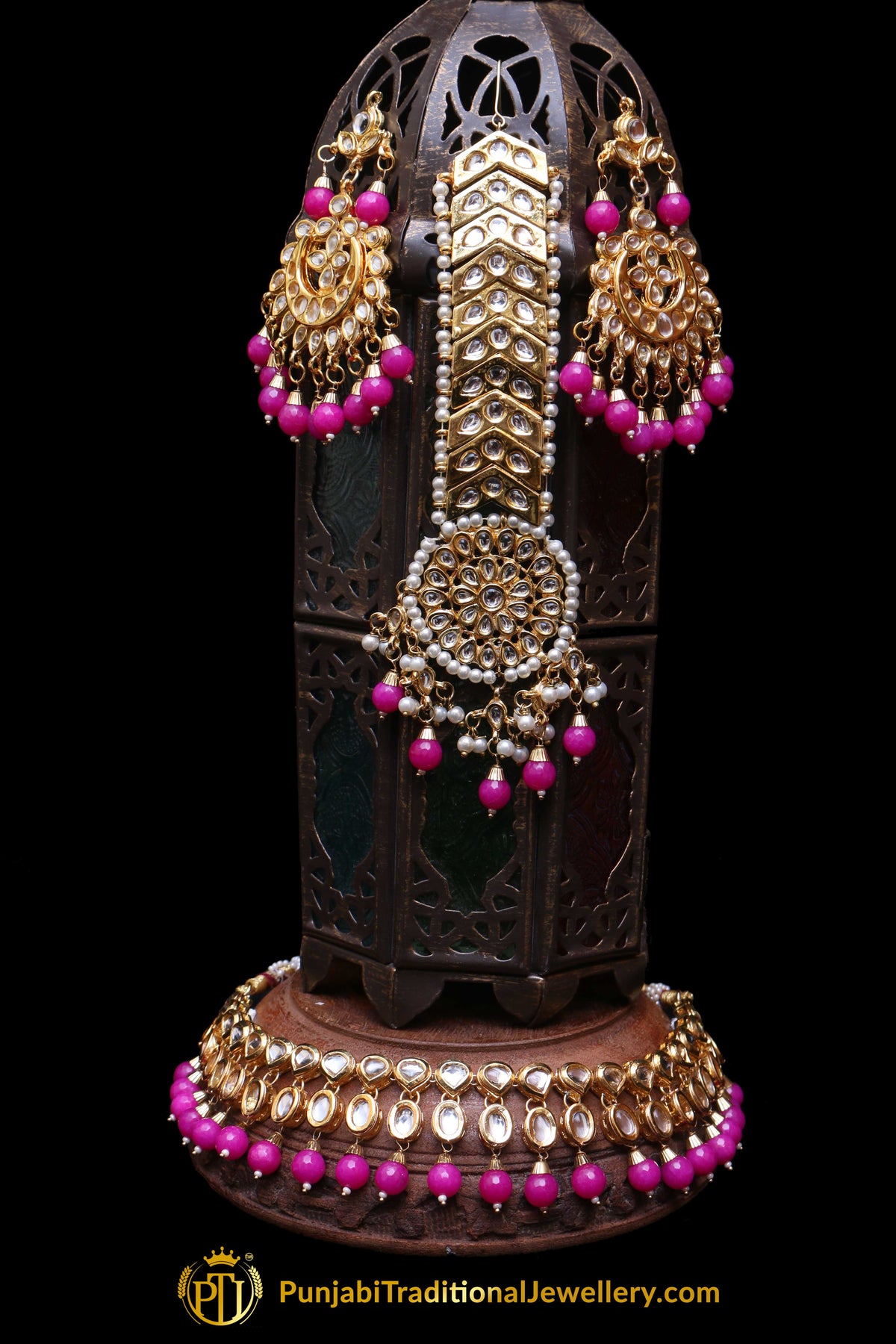 Pink Pearl Kundan Necklace Set Punjabi Traditional Jewellery