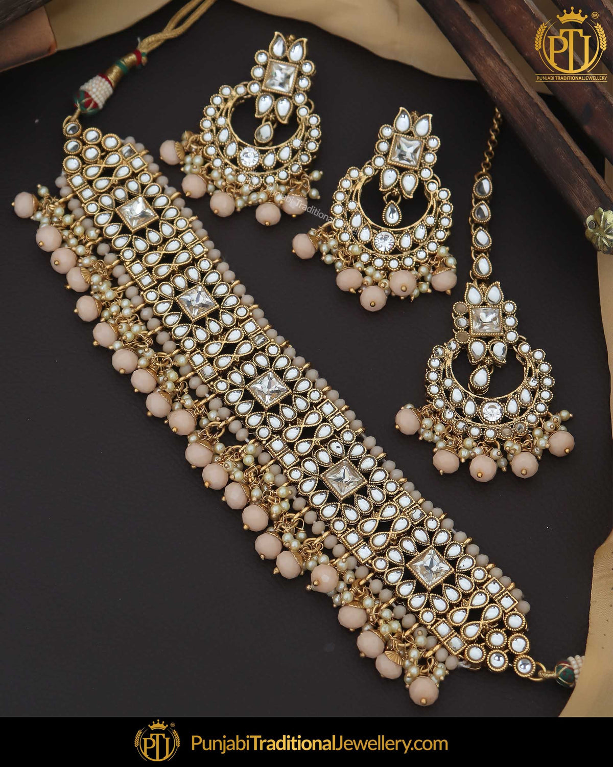 Gold Finished Kundan Peach Pearl Choker Necklace Set | Punjabi Traditional Jewellery Exclusive