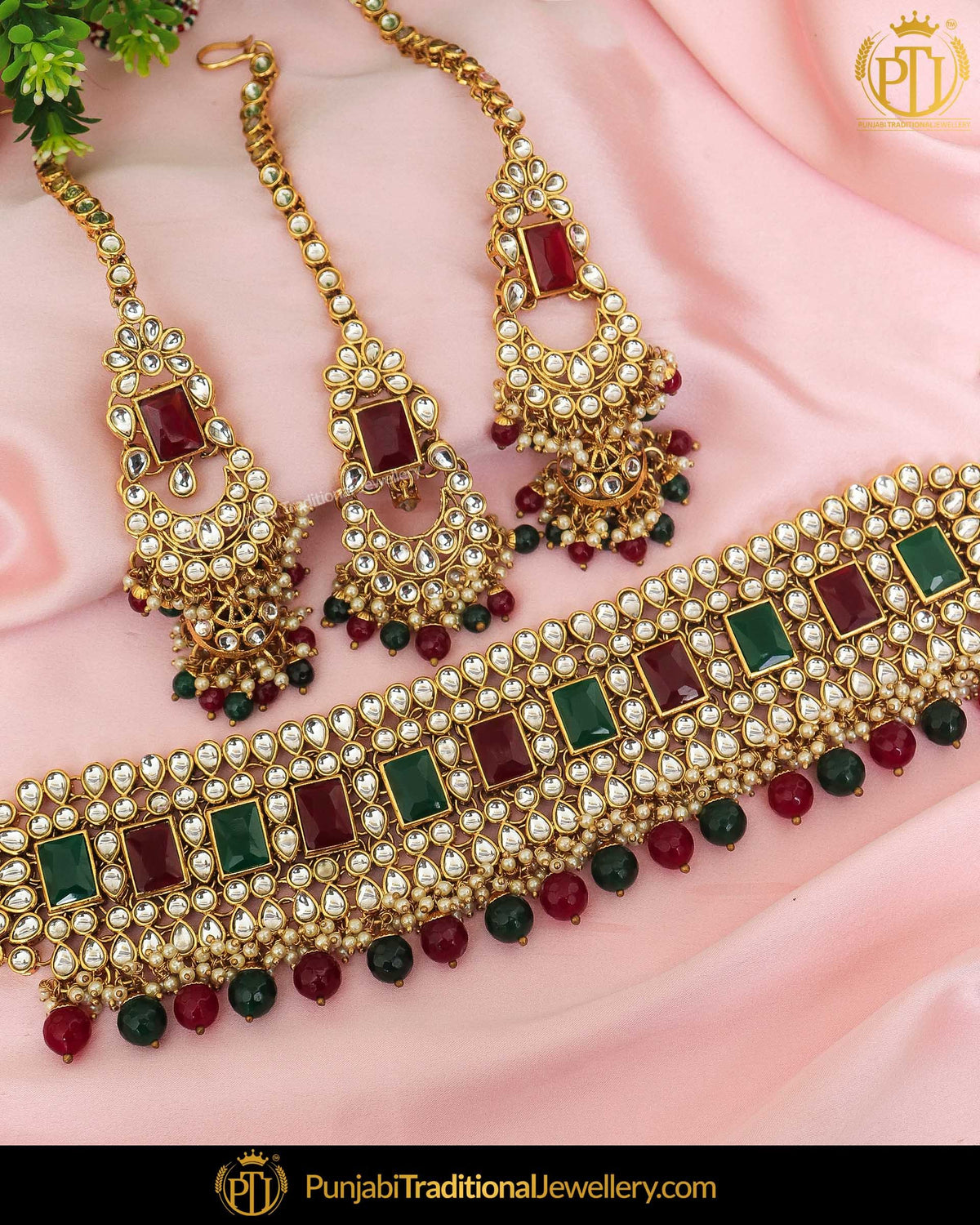Gold Finished Rubby Emerald Kundan Pearl Choker Necklace & Sahare Earrings | Punjabi Traditional Jewellery Exclusive