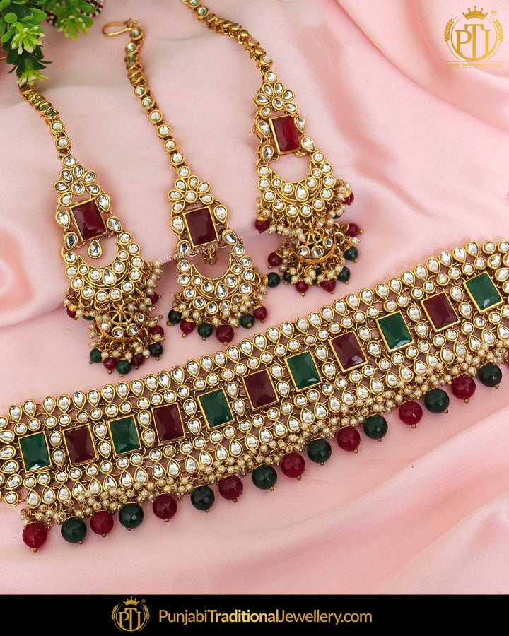 Gold Finished Rubby Emerald Kundan Pearl Choker Necklace & Sahare Earrings | Punjabi Traditional Jewellery Exclusive