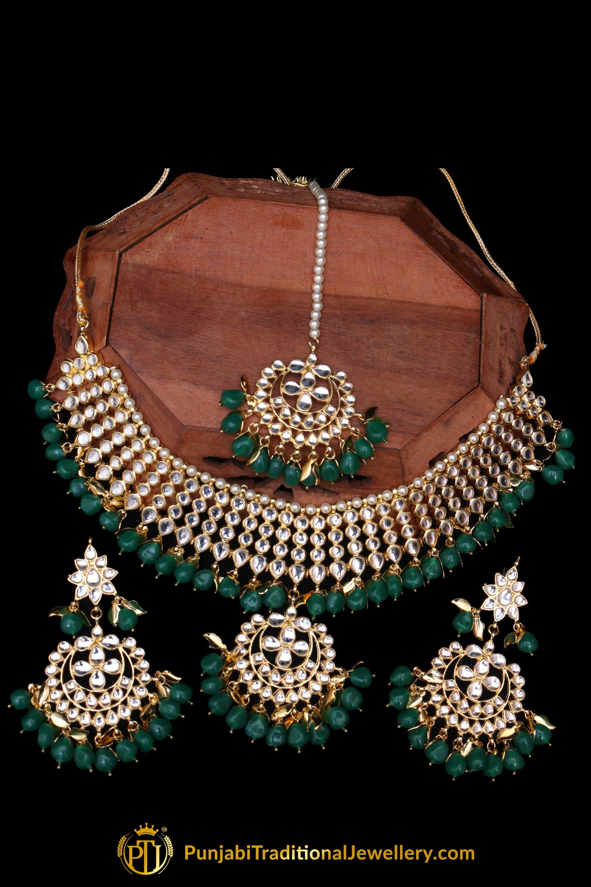 Green Pearl Kundan Necklace Set Punjabi Traditional Jewellery