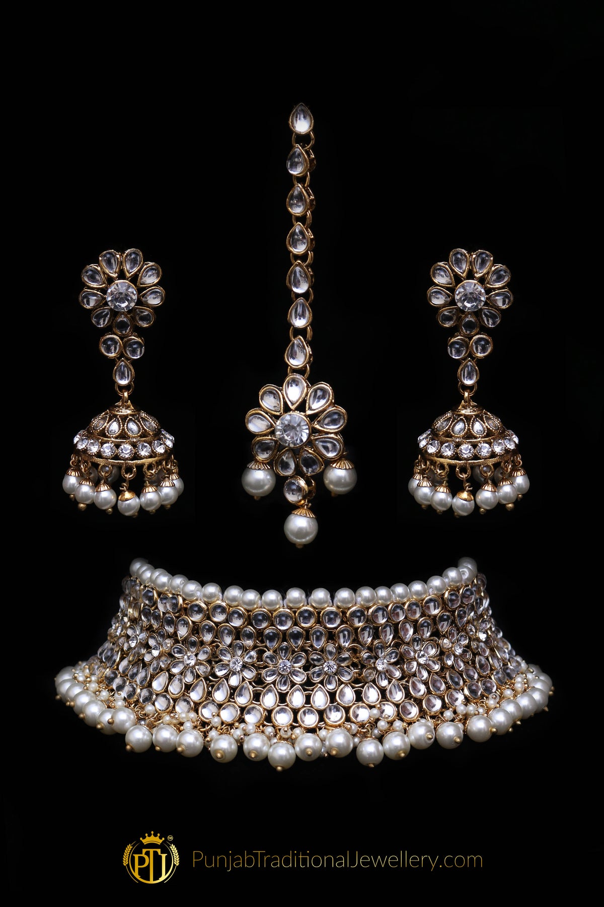 White Pearl Kundan Choker Necklace Set By Punjabi Traditional Jewellery