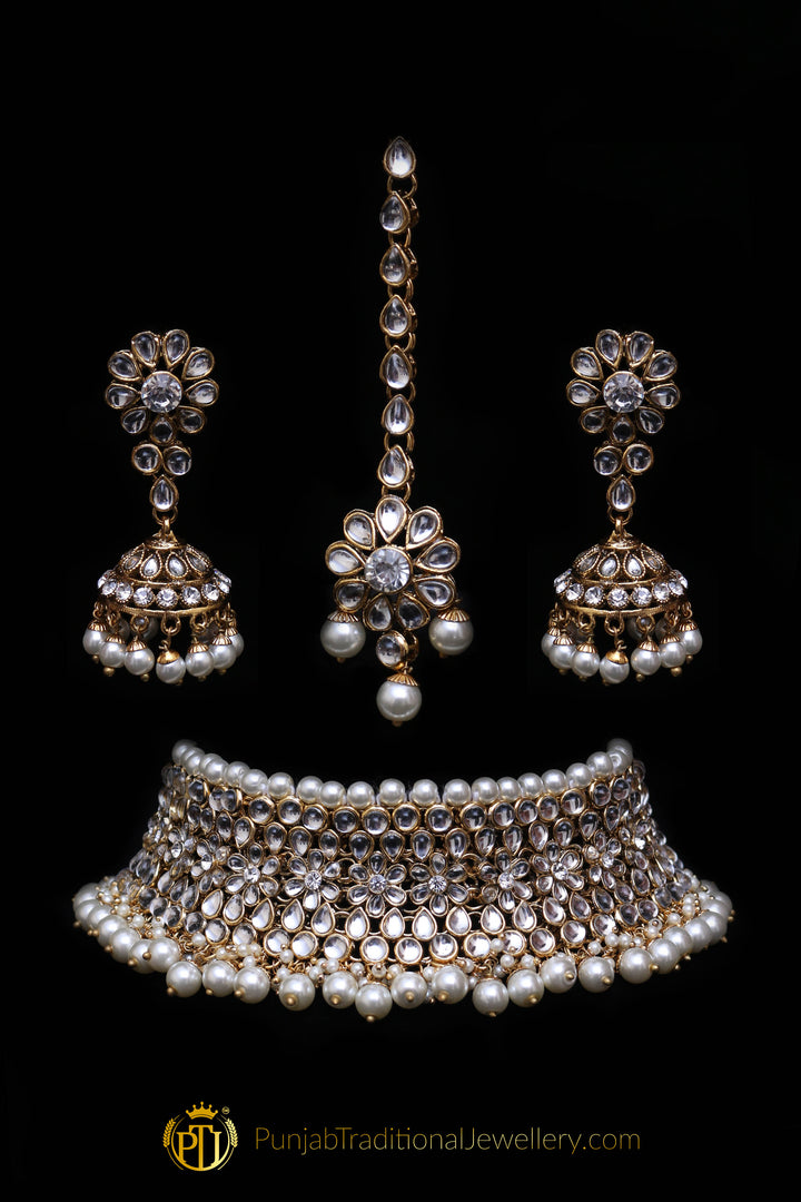 White Pearl Kundan Choker Necklace Set By Punjabi Traditional Jewellery