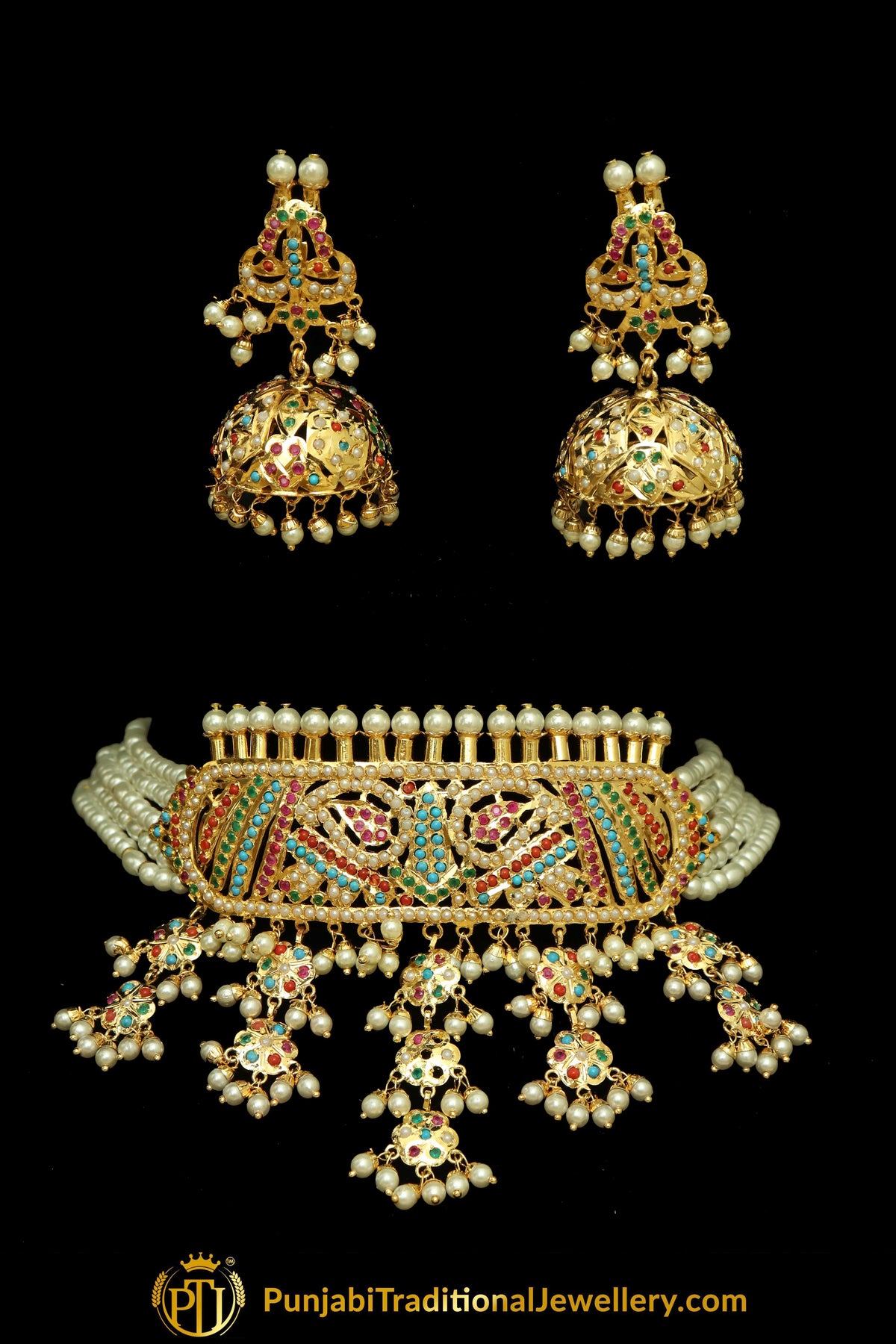 Jaziya Gold Finished Navratan Jadau Choker Necklace & Earrings | Punjabi Traditional Jewellery Exclusive