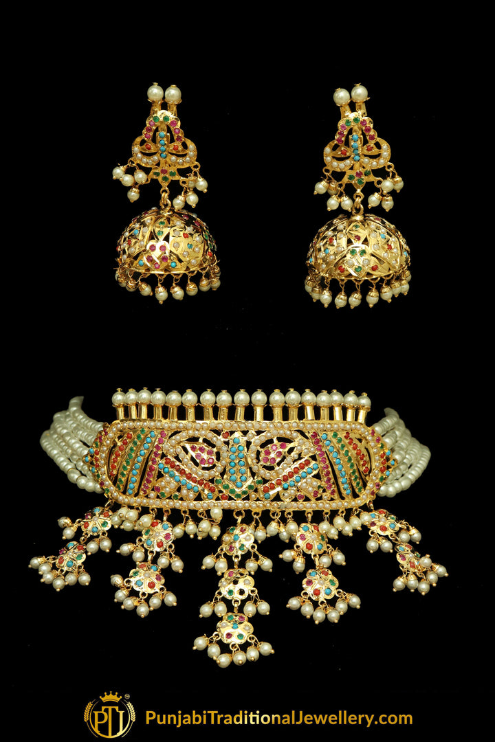 Jaziya Gold Finished Navratan Jadau Choker Necklace & Earrings | Punjabi Traditional Jewellery Exclusive