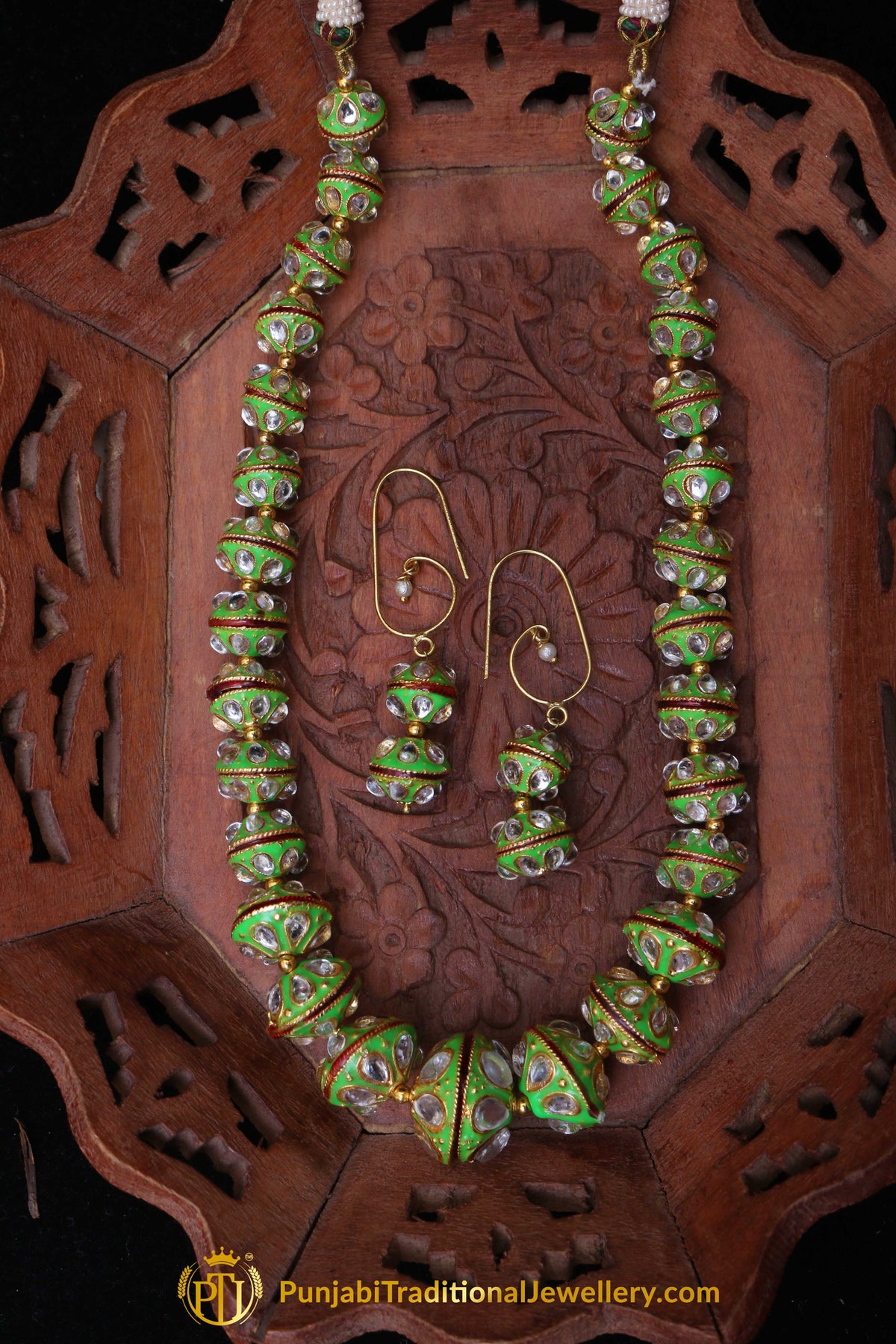 Green Red Polki Mala Necklace Set By Punjabi Traditional Jewellery