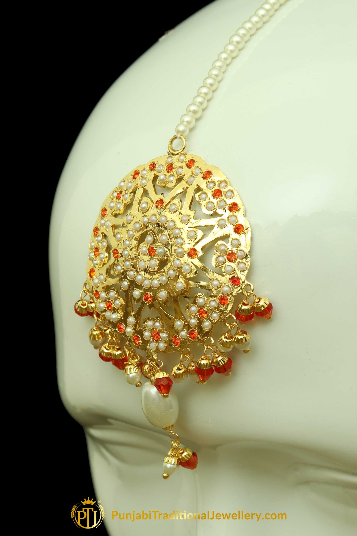 Gold Finished Rubby Jadau Earring Tikka Set By Punjabi Traditional Jewellery