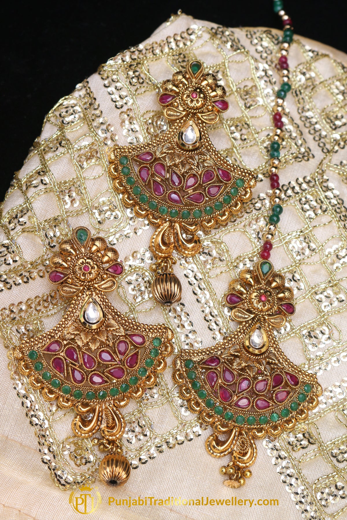 Green Maroon Polki Earring Tikka Set By Punjabi Traditional Jewellery