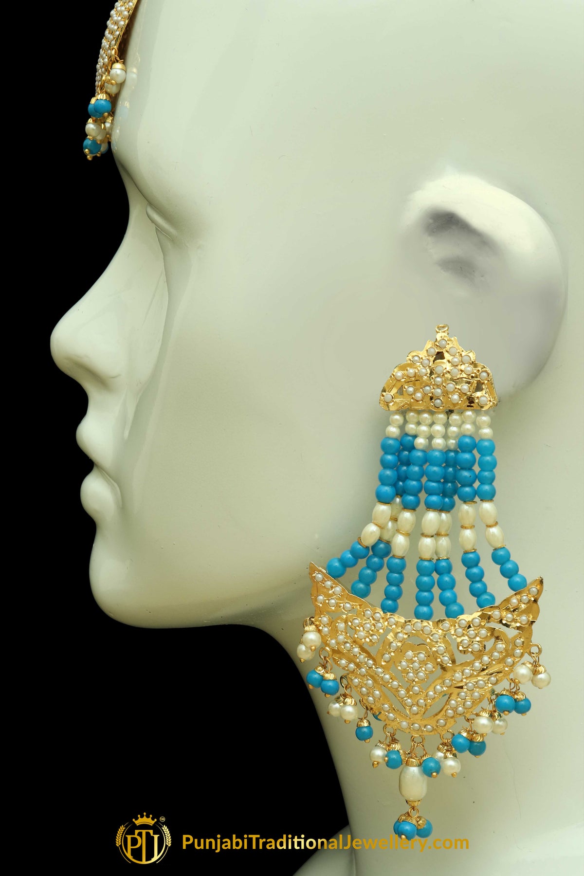 Firozi Jadau Pearl Earring Tikka Set By Punjabi Traditional Jewellery