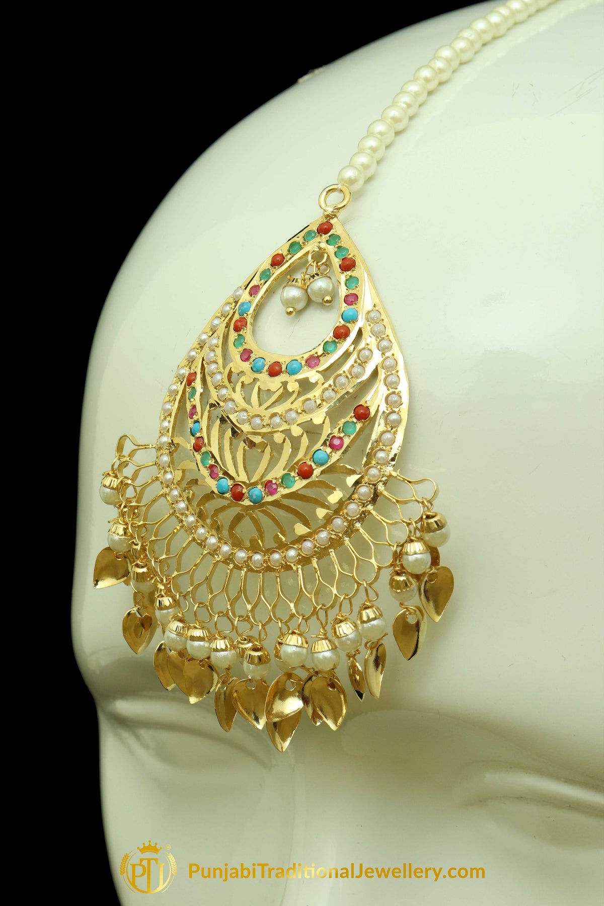 Gold Finished Navratan Jadau Pippal Patti Earring Tikka Set By Punjabi Traditional Jewellery