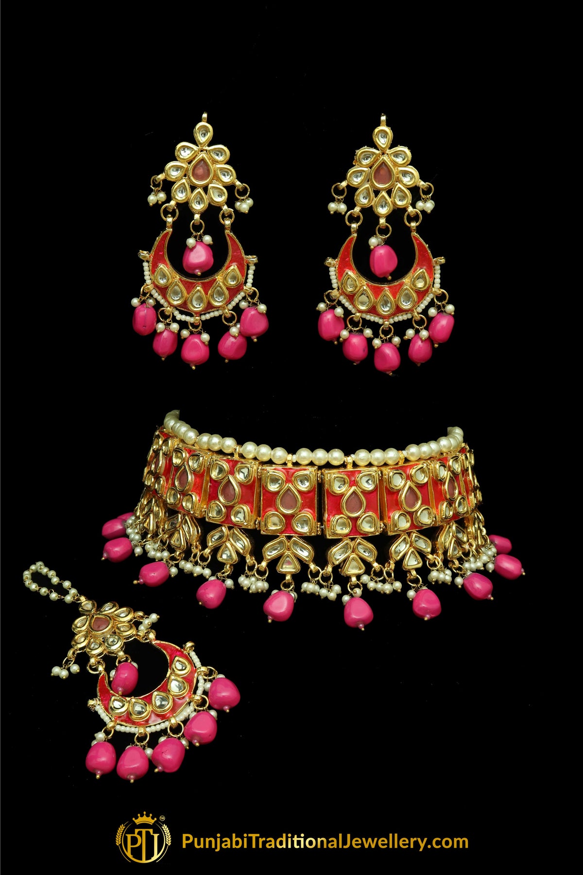 Pink Meena Kundan Pearl Choker Necklace Set By Punjabi Traditional Jewellery