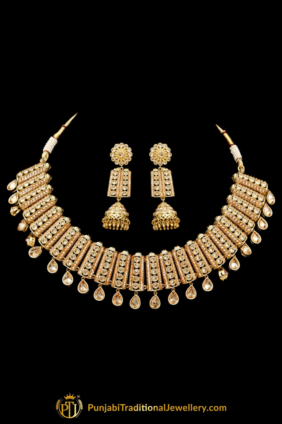 Golden Champagne Stone Necklace Set By Punjabi Traditional Jewellery